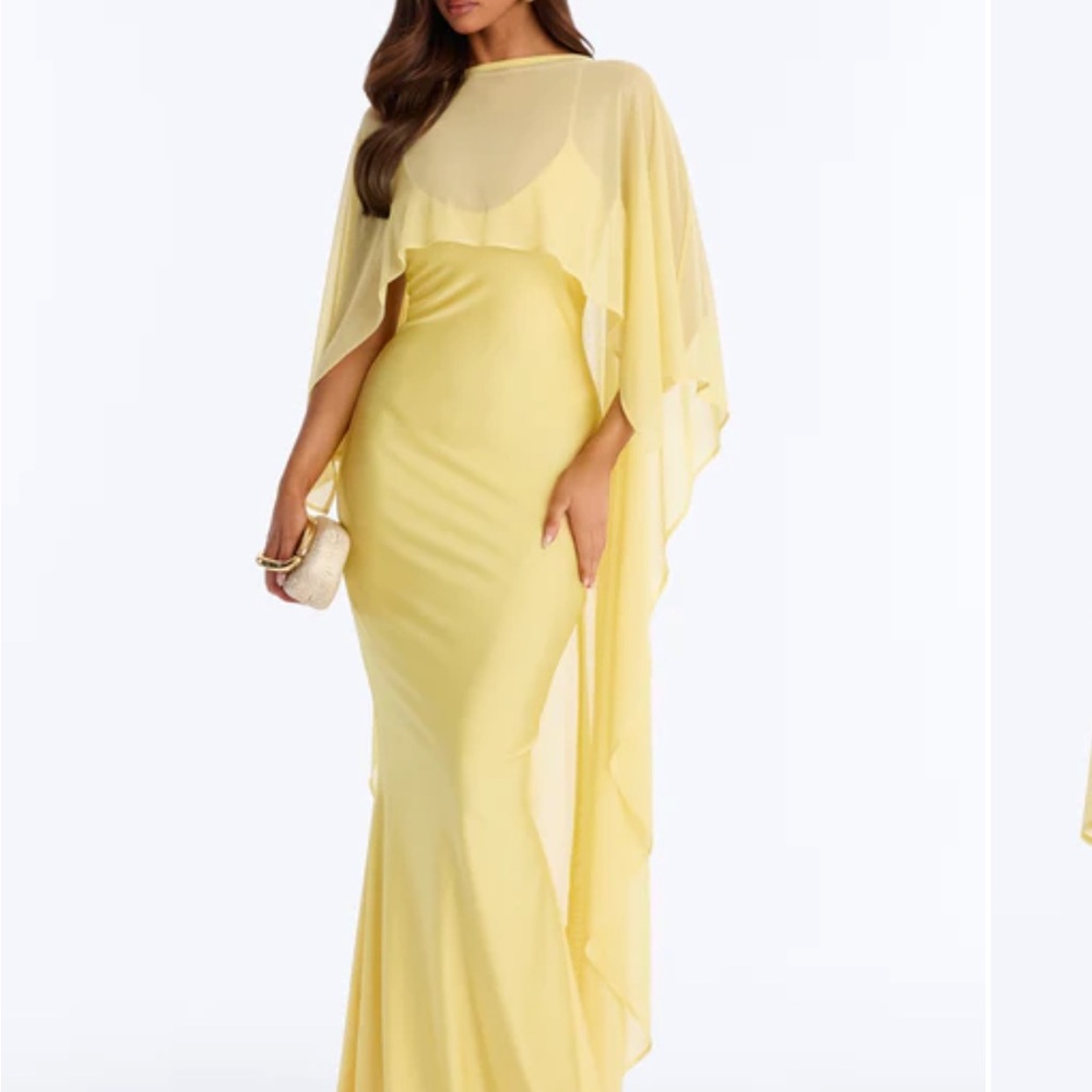 Fashion nova wedding guest dress butter yellow with cape